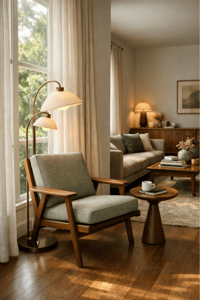 Bright reading corner in a luxury mid-century modern living room with wood-framed chair, sculptural floor lamp, and linen drapery