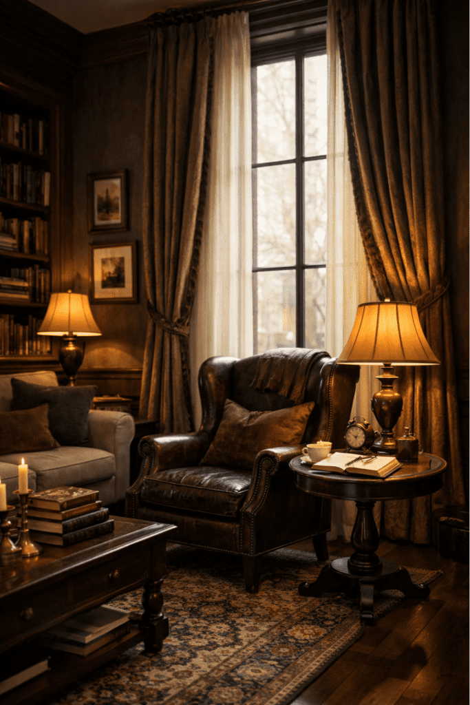 dark academia living room ideas with reading chair beside tall window and heavy curtains with warm ambient lighting
