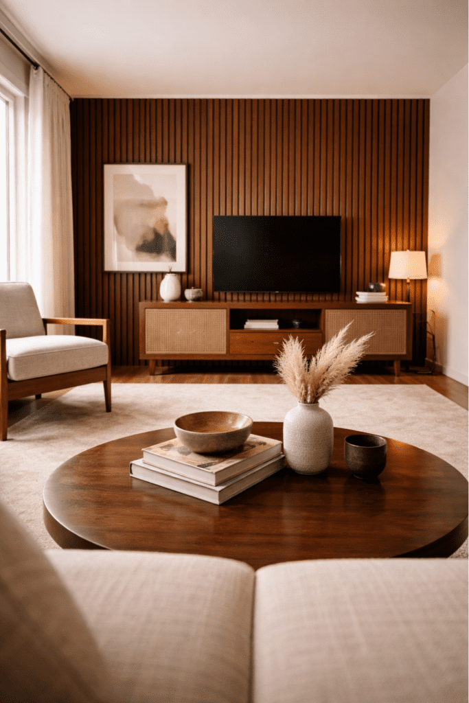 Walnut slat feature wall in a realistic mid-century modern living room with linen sofa, round wood table, and brass accents