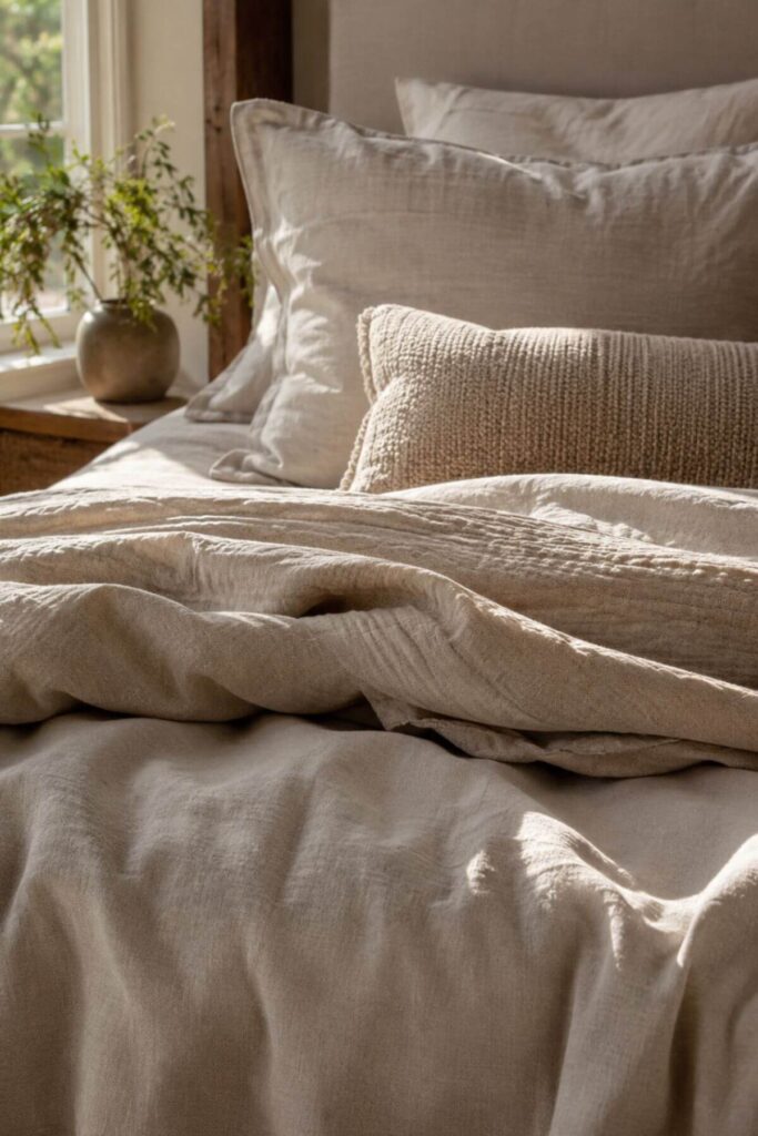 Linen-look bedding styled in a warm luxury bedroom