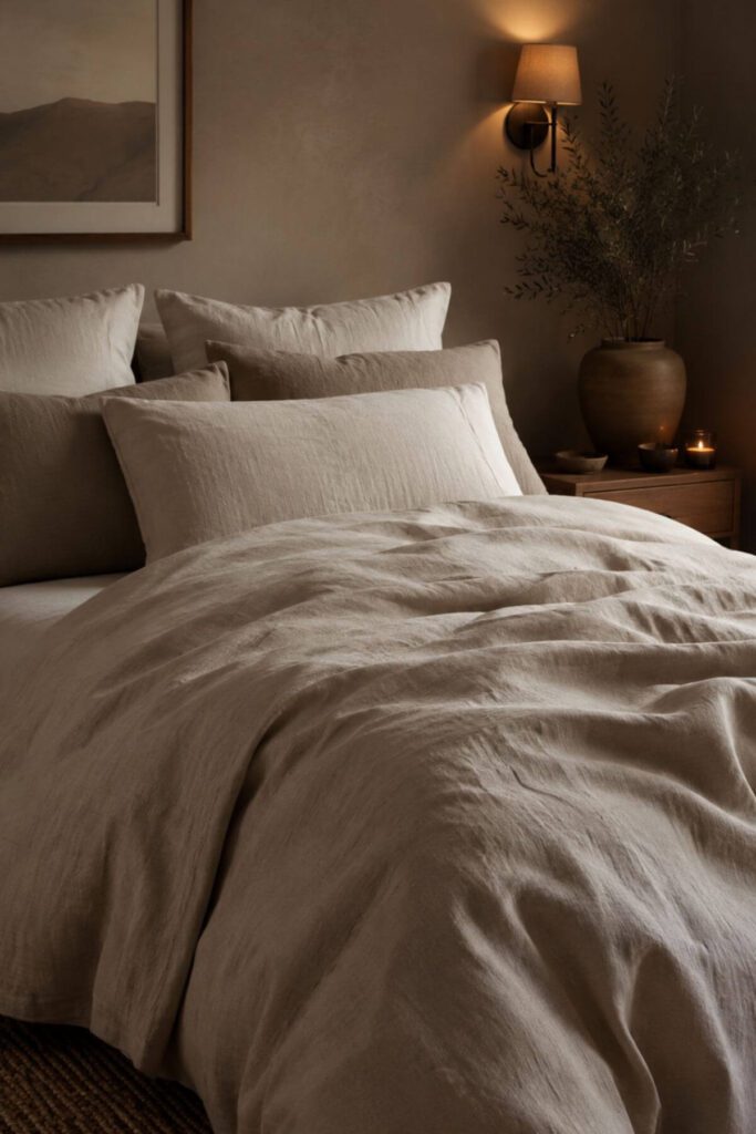 Relaxed linen-look bedding with layered pillows and warm neutral bedroom styling