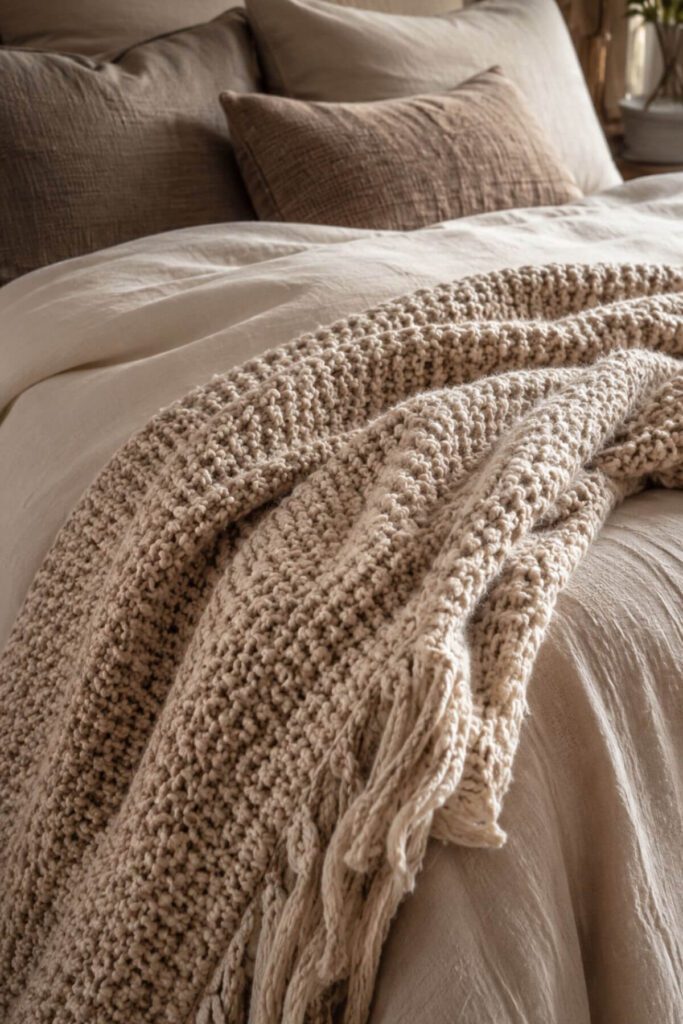 Textured throw blanket draped across warm neutral bedding in a luxury bedroom