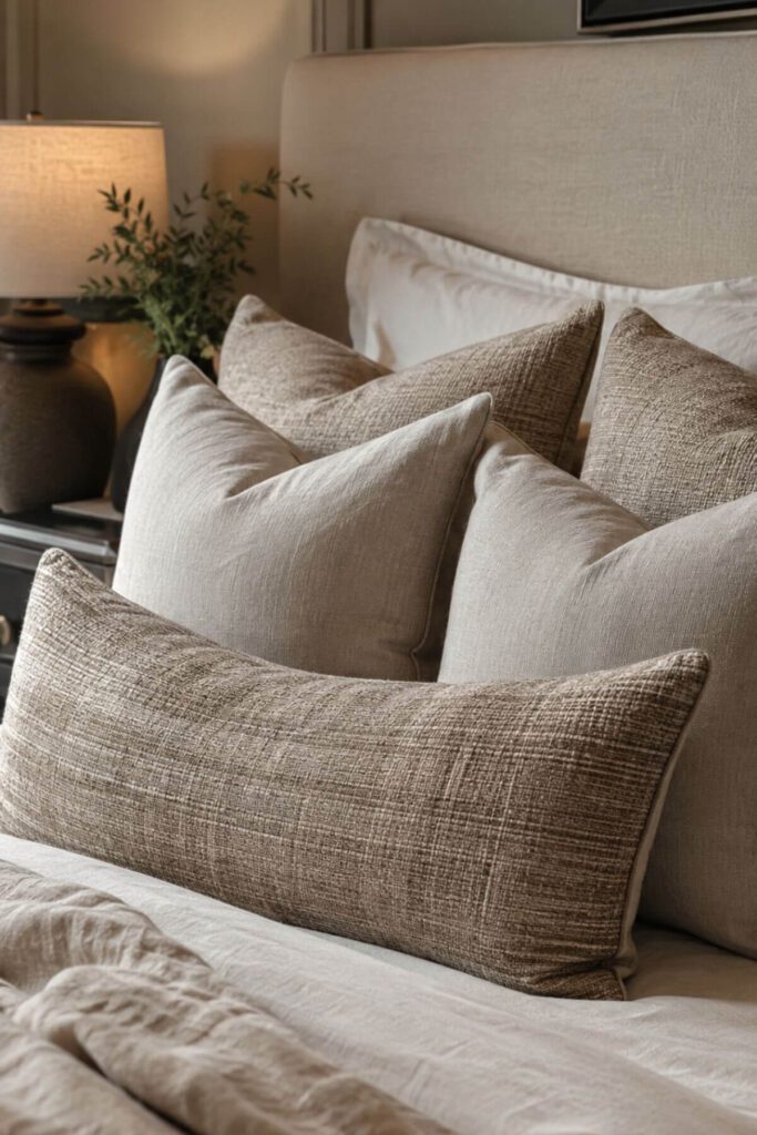 Layered pillows on neutral bedding in a luxury bedroom