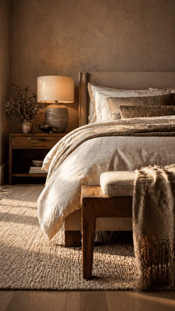 Warm luxury bedroom with layered linen bedding, neutral tones and soft ambient lighting