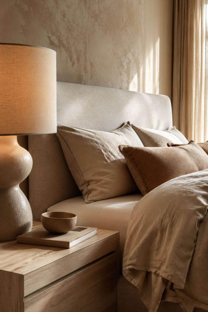 Minimal bedside styling in a warm neutral luxury bedroom