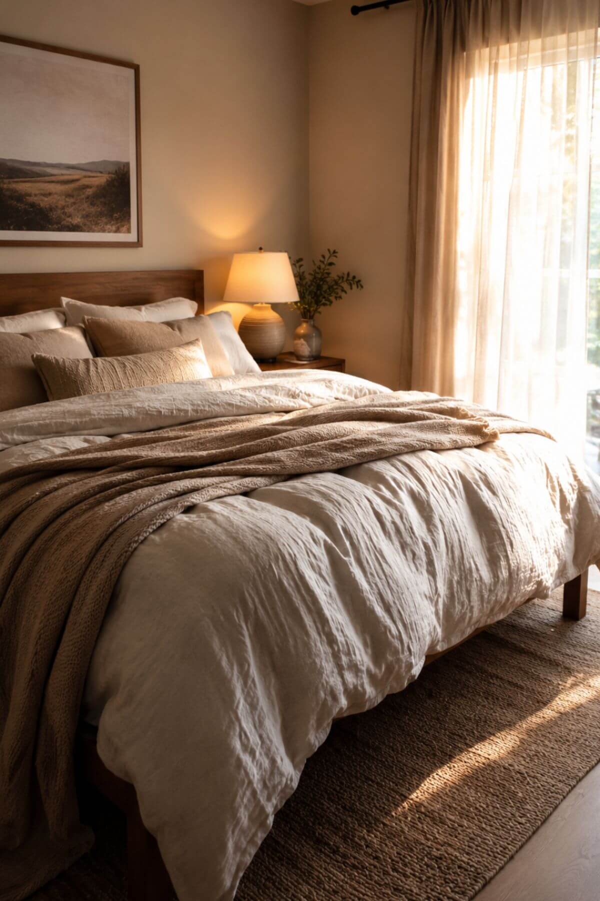Warm luxury bedroom on a budget with layered bedding, neutral tones and soft ambient lighting