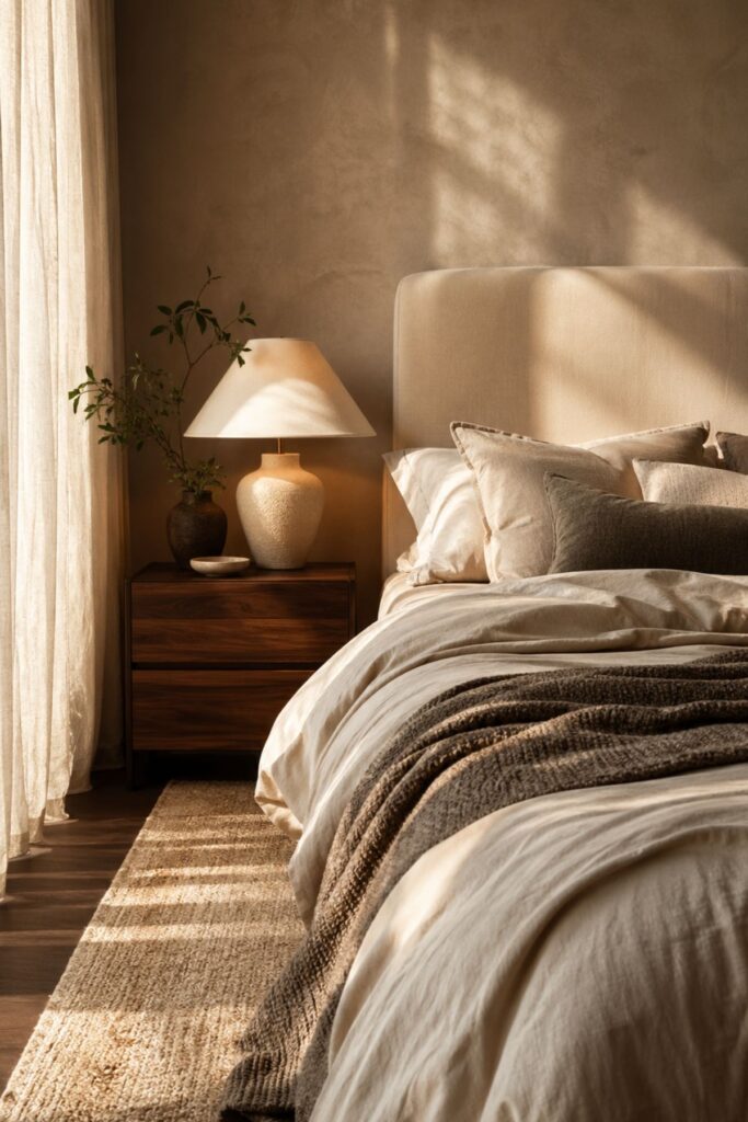 Fully styled luxury bed with layered neutral bedding, oversized pillows and textured throw blanket