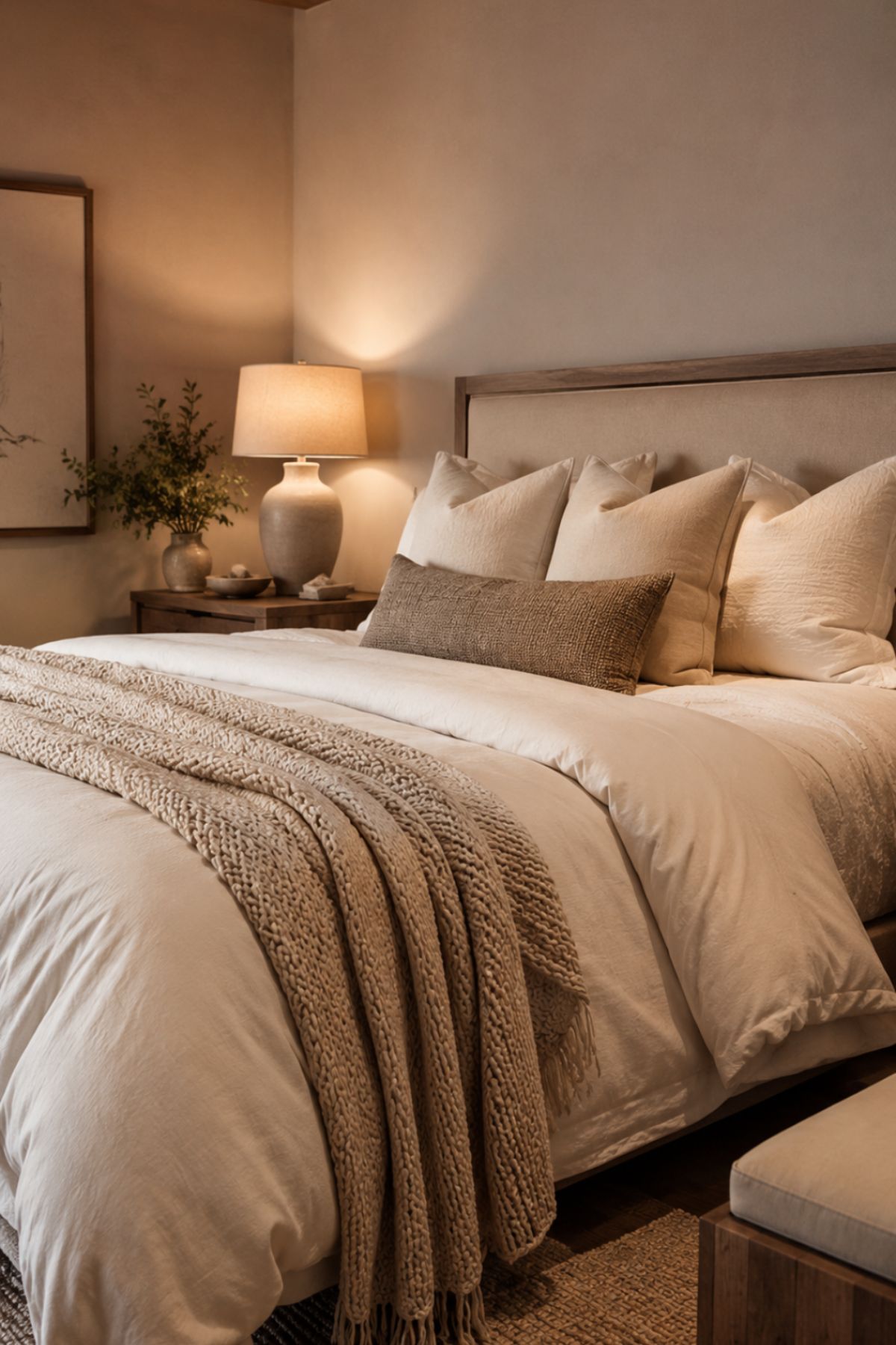 Bedding ideas to make your bedroom look expensive with layered pillows and warm neutral tones