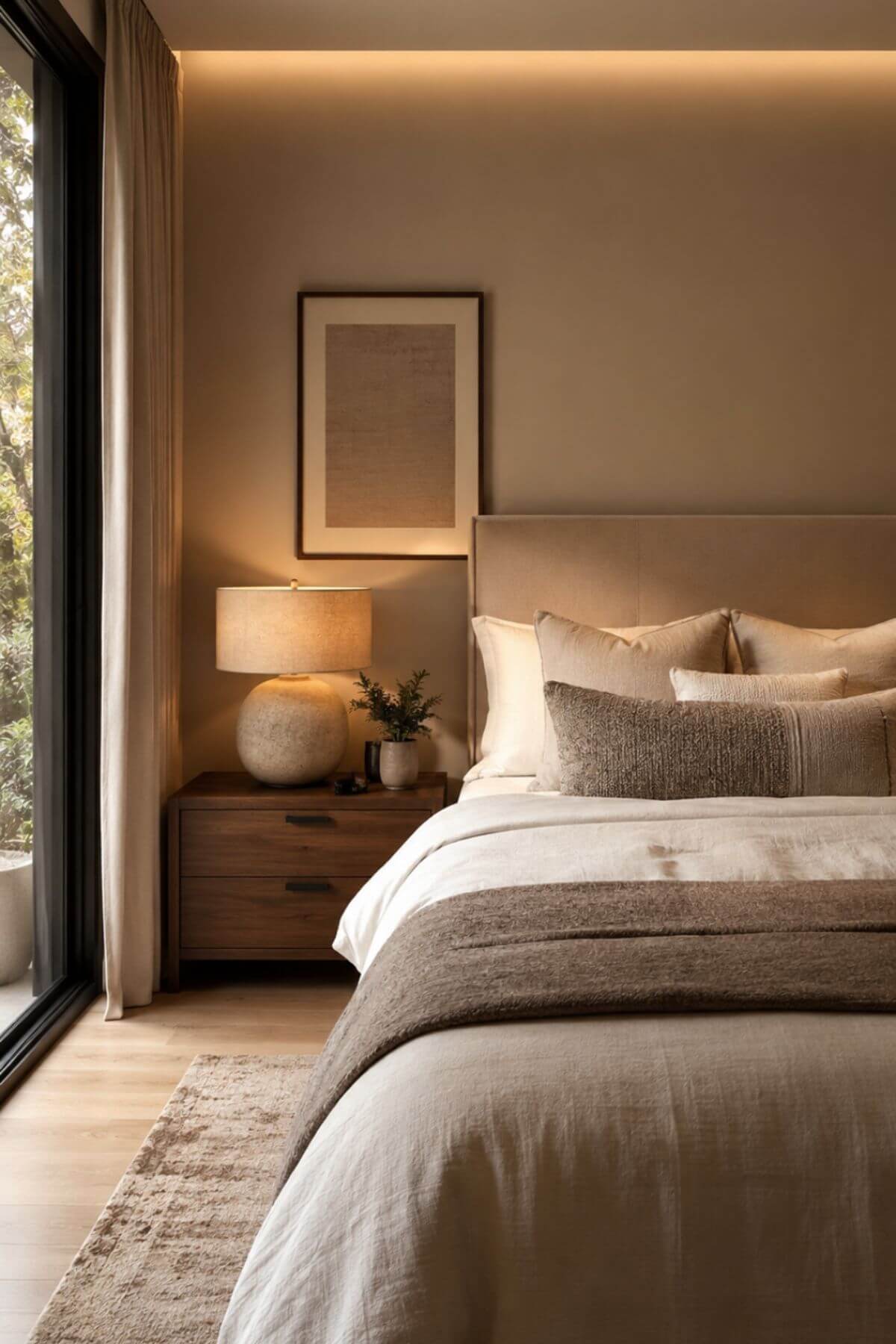 Warm luxury bedroom with layered linen bedding, neutral tones and soft ambient lighting