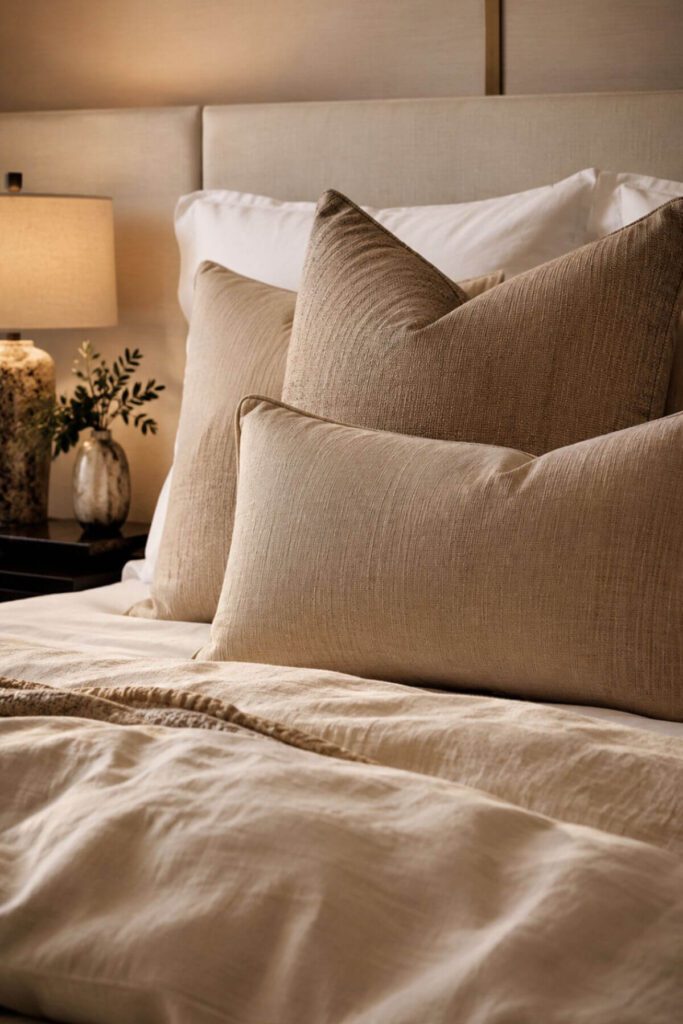 Close-up of layered linen bedding in a warm neutral luxury bedroom