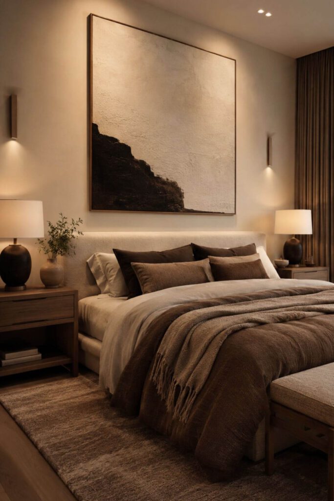 Warm luxury bedroom with oversized artwork and layered textures