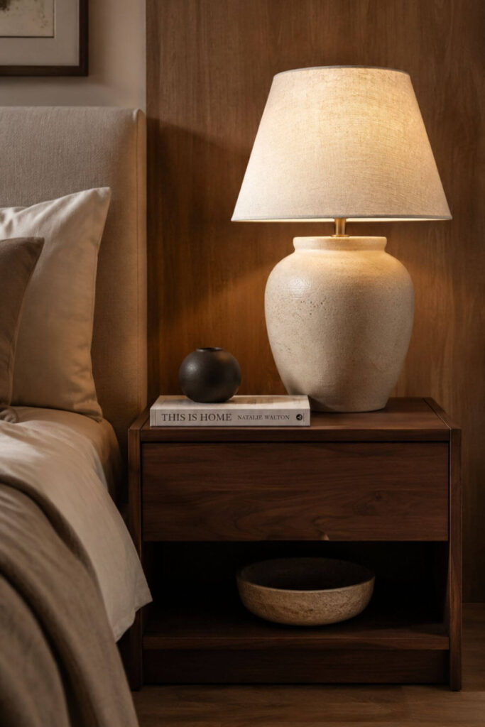 Styled bedside table with warm lighting, ceramic decor and timber textures