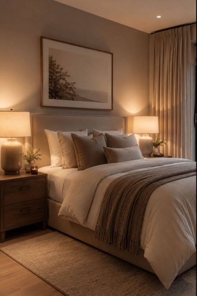 How to make your bedroom look expensive with warm lighting and layered neutral bedding