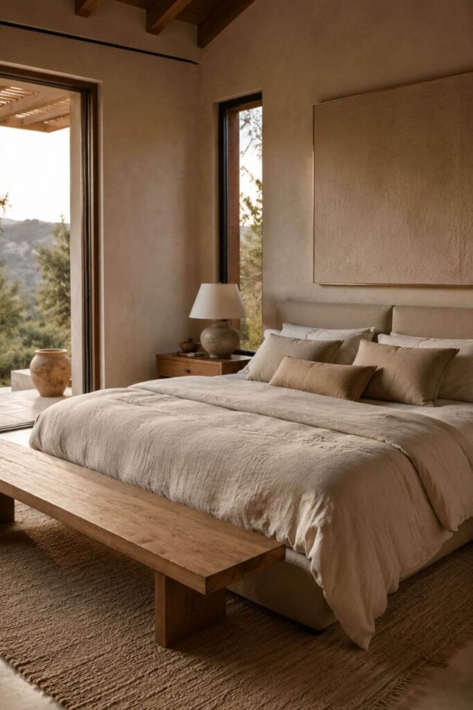 Modern warm-toned bedroom with minimal styling and natural textures